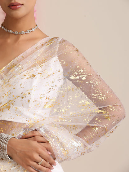 Dhiyona ST ??? White Georgette Saree with Gold Print and Blouse Fabric