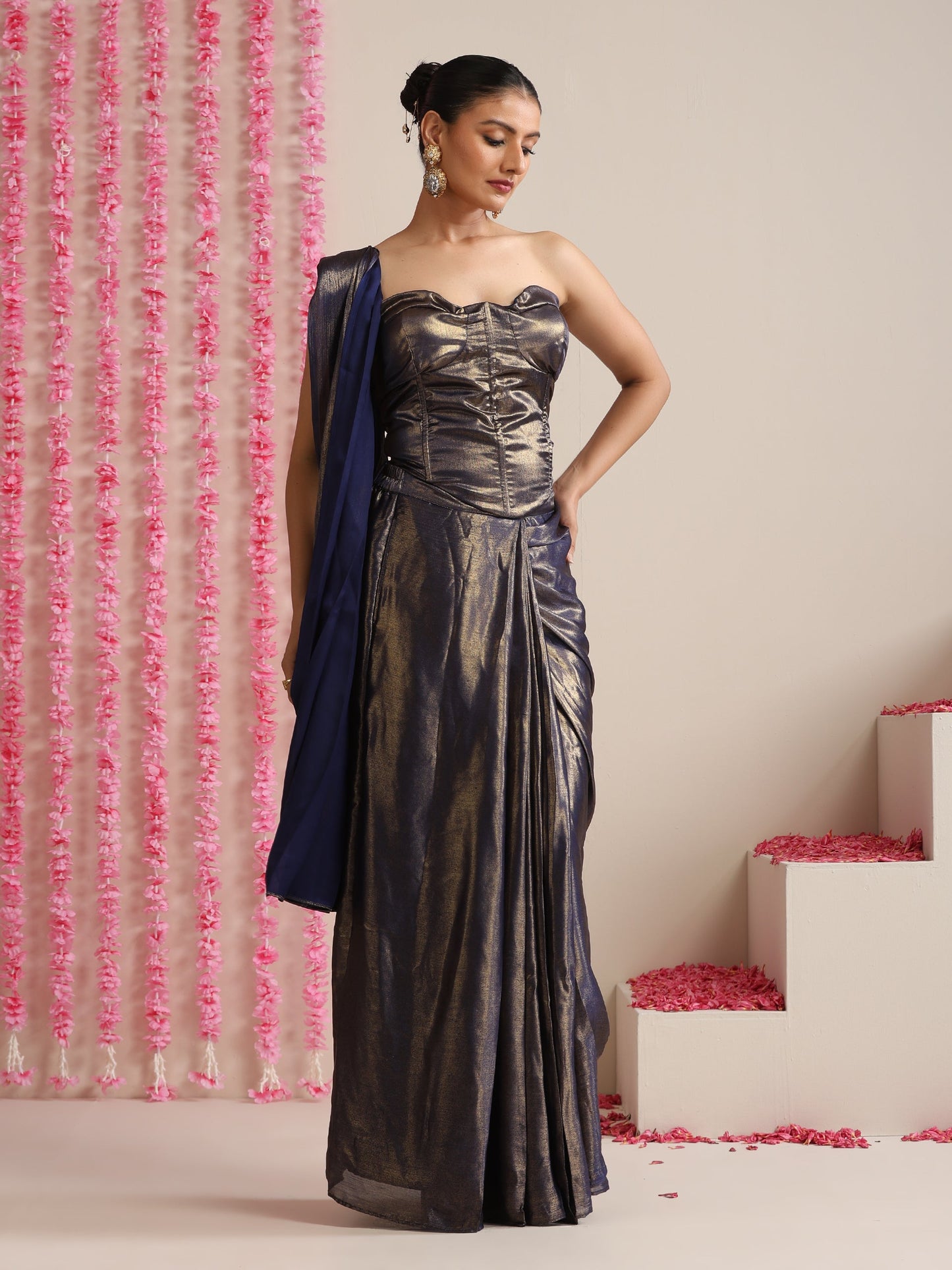 Dhiyona ST Blue-Gold Skirt Style Pre-Draped Saree with Blouse Fabric