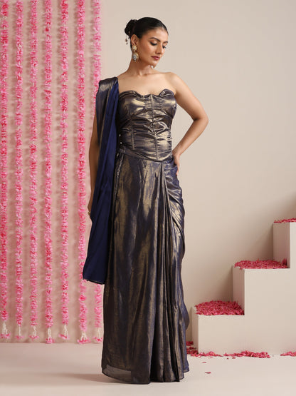 Dhiyona ST Blue-Gold Skirt Style Pre-Draped Saree with Blouse Fabric