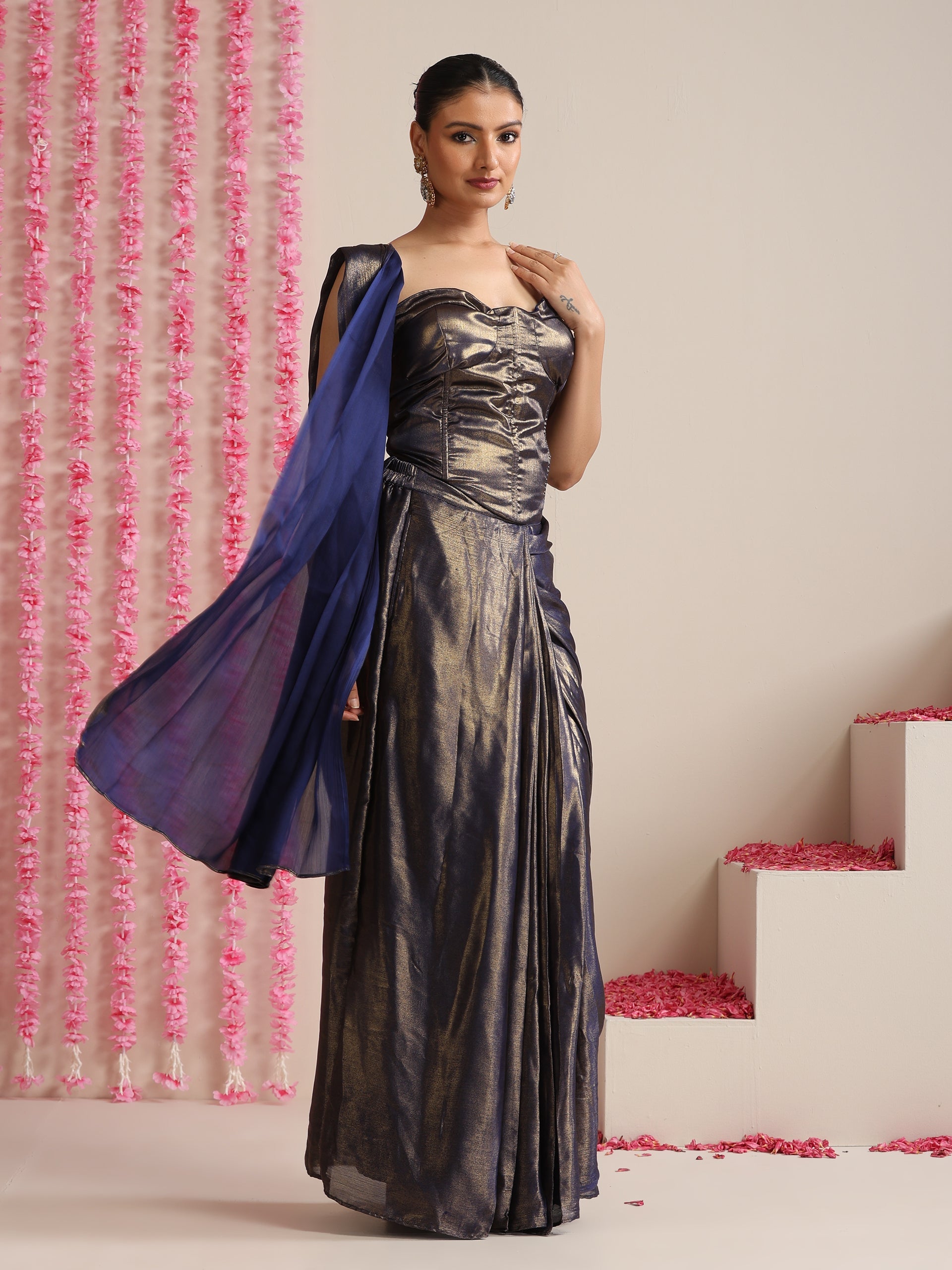 Dhiyona ST Blue-Gold Skirt Style Pre-Draped Saree with Blouse Fabric
