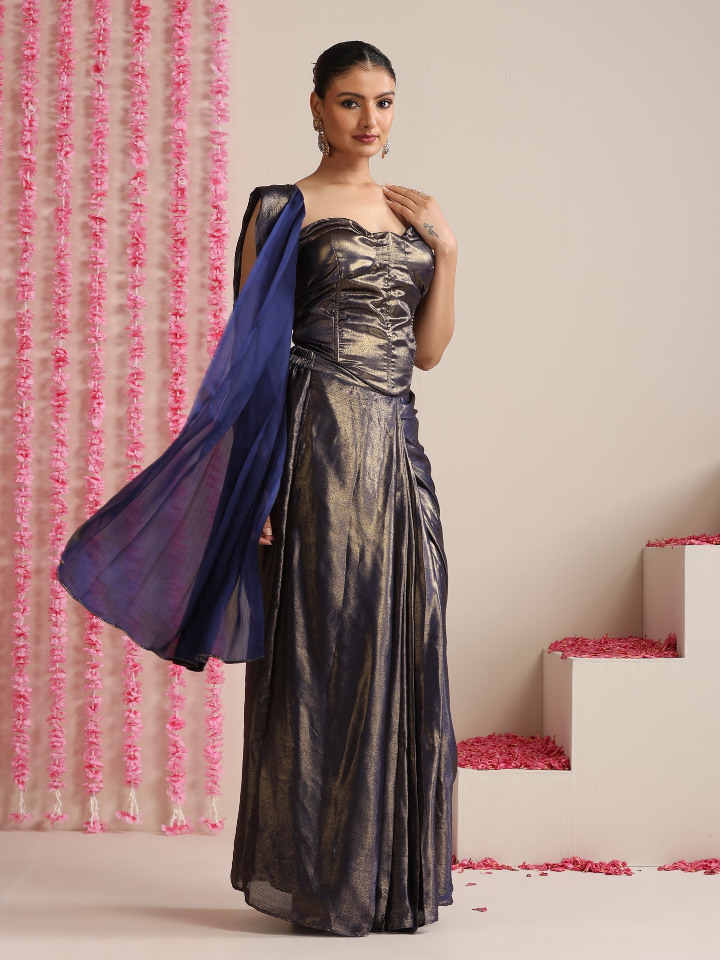 Dhiyona ST Blue-Gold Skirt Style Pre-Draped Saree with Blouse Fabric