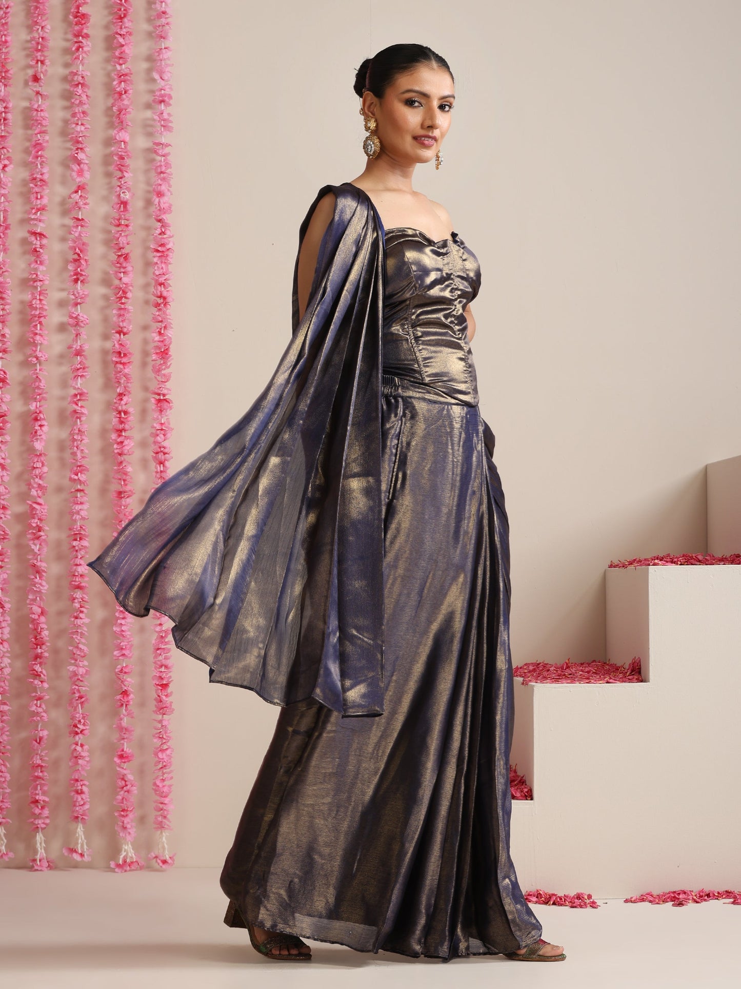 Dhiyona ST Blue-Gold Skirt Style Pre-Draped Saree with Blouse Fabric
