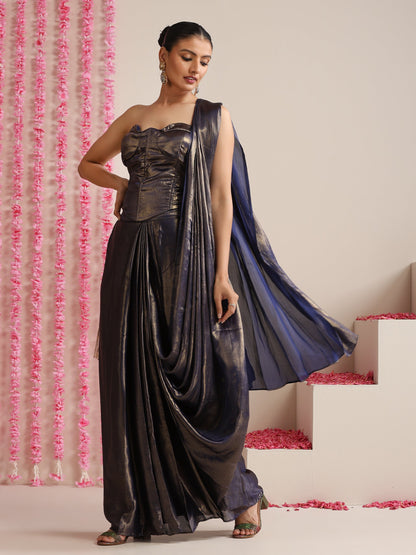 Dhiyona ST Blue-Gold Skirt Style Pre-Draped Saree with Blouse Fabric