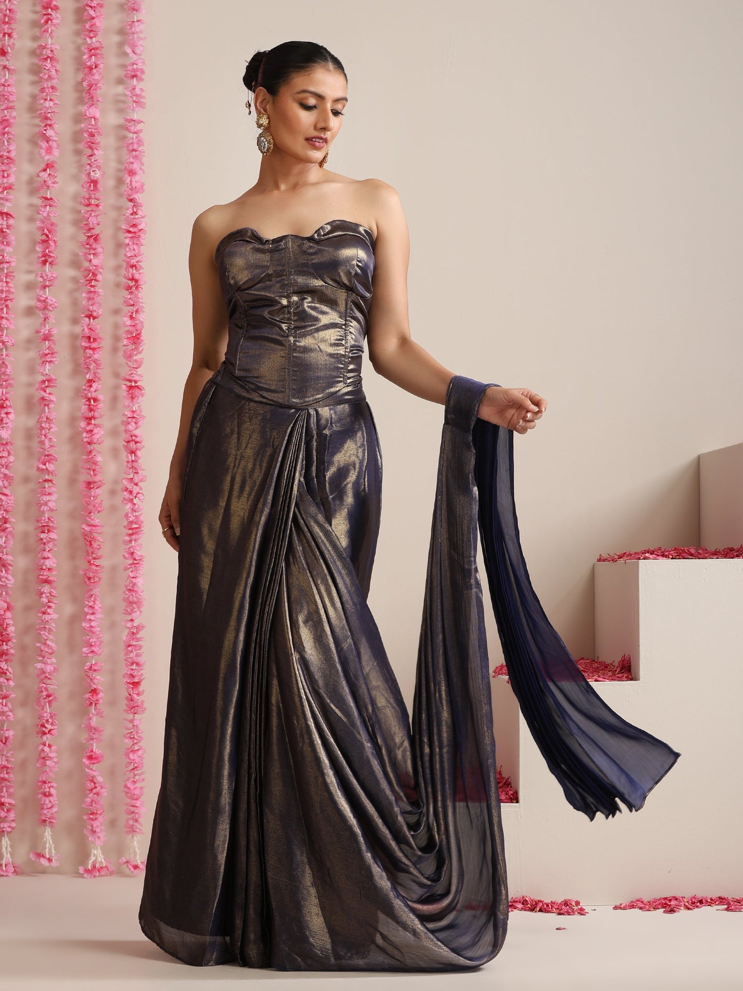 Dhiyona ST Blue-Gold Skirt Style Pre-Draped Saree with Blouse Fabric