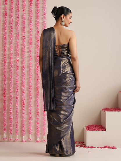 Dhiyona ST Blue Gold Chiffon Saree with Blouse Fabric