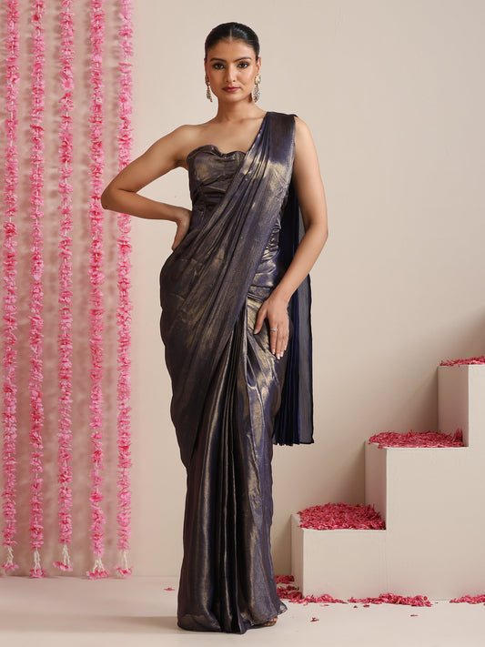 Dhiyona ST Blue Gold Chiffon Saree with Blouse Fabric