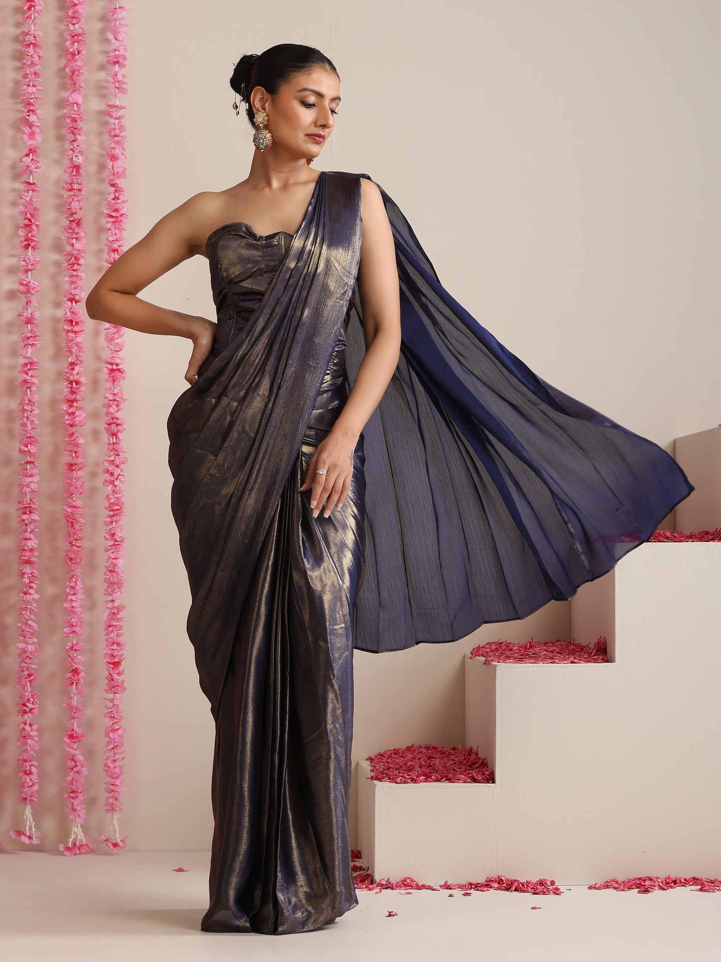 Dhiyona ST Blue Gold Chiffon Saree with Blouse Fabric