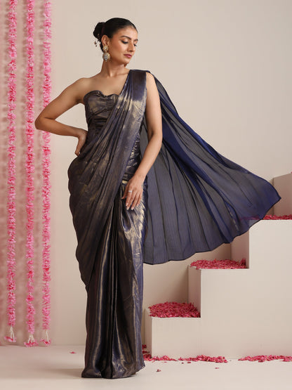 Dhiyona ST Blue Gold Chiffon Saree with Blouse Fabric
