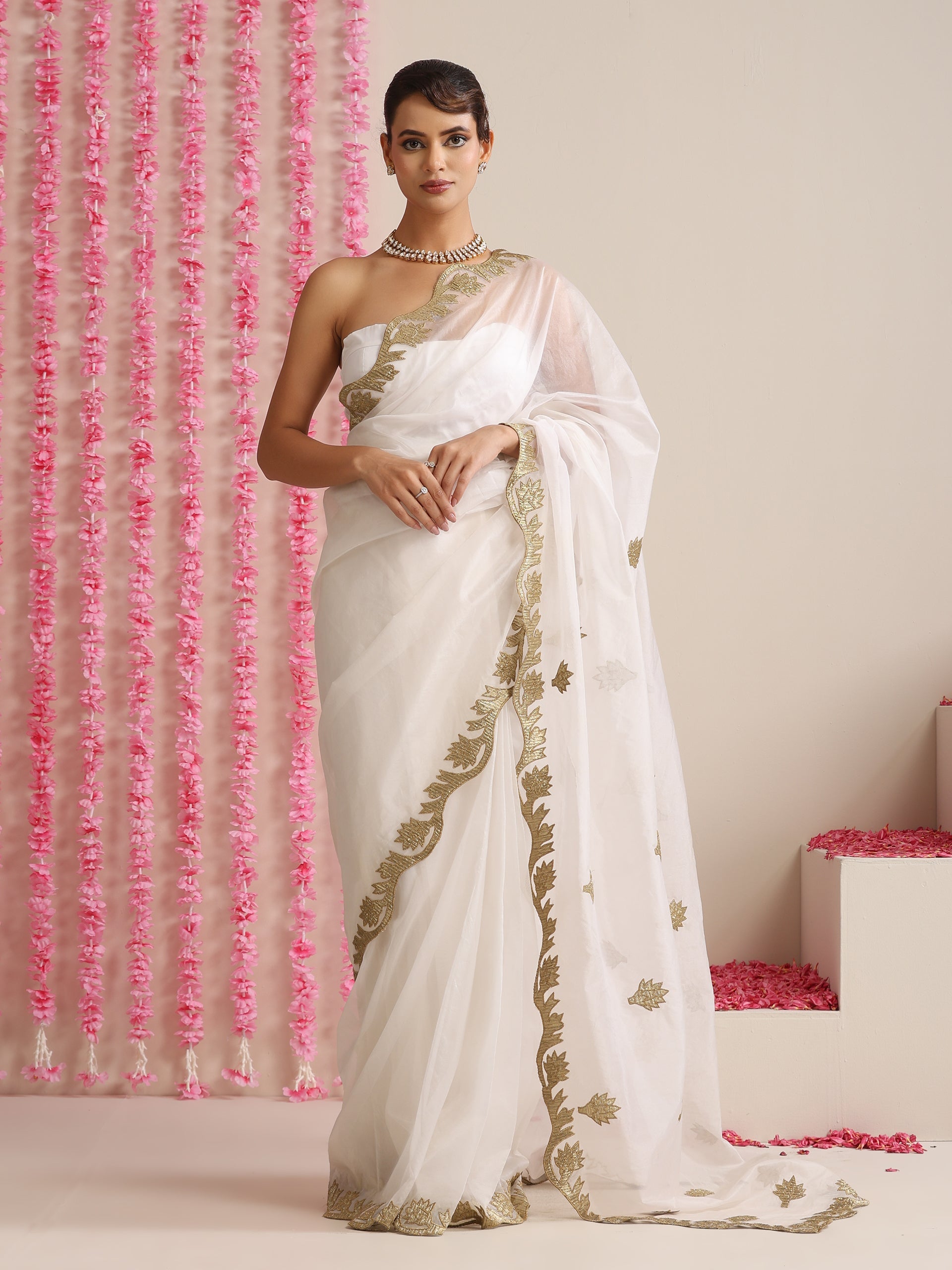 Dhiyona ST Elixir White and Gold Organza embroidered Saree with blouse fabric
