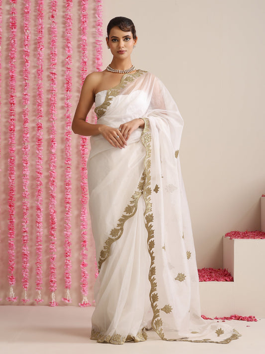 Dhiyona ST Elixir White and Gold Organza embroidered Saree with blouse fabric