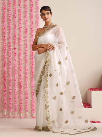 Dhiyona ST Elixir White and Gold Organza embroidered Saree with blouse fabric