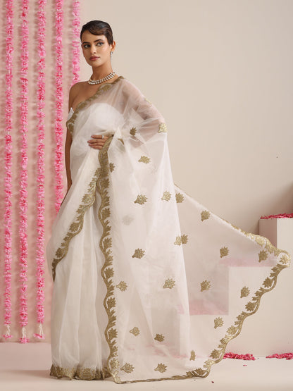 Dhiyona ST Elixir White and Gold Organza embroidered Saree with blouse fabric