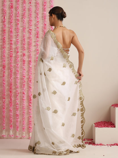 Dhiyona ST Elixir White and Gold Organza embroidered Saree with blouse fabric