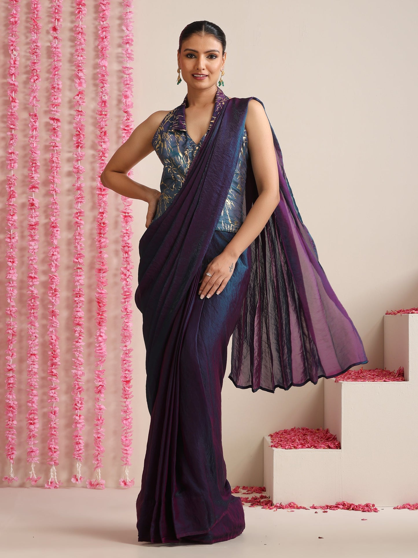 Dhiyona ST Blue-Purple Dual Shade Metallic Satin Saree with Gold & Ombre Blouse Fabric
