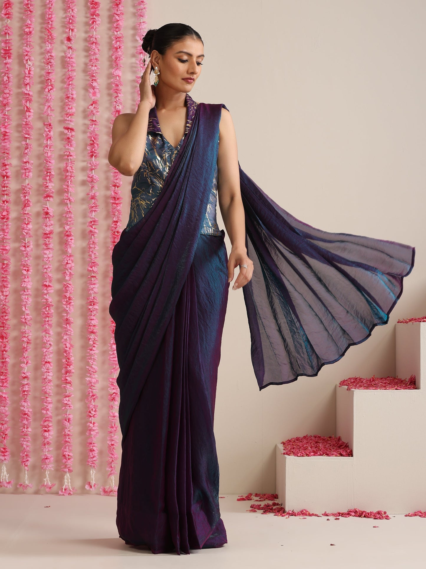 Dhiyona ST Pre-Draped Dual Shade Blue-Purple Metallic Satin Saree with Gold Ombre Blouse Fabric (2-Piece Set)