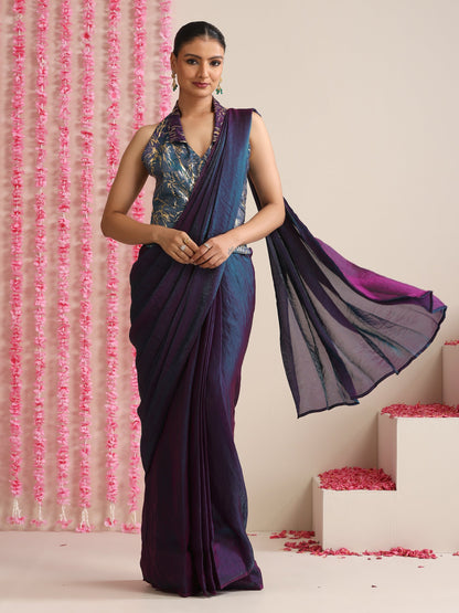 Dhiyona ST Pre-Draped Dual Shade Blue-Purple Metallic Satin Saree with Gold Ombre Blouse Fabric (2-Piece Set)