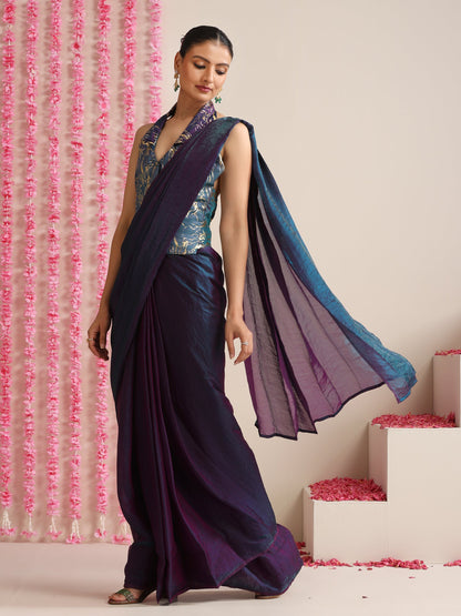 Dhiyona ST Blue-Purple Dual Shade Metallic Satin Saree with Gold & Ombre Blouse Fabric