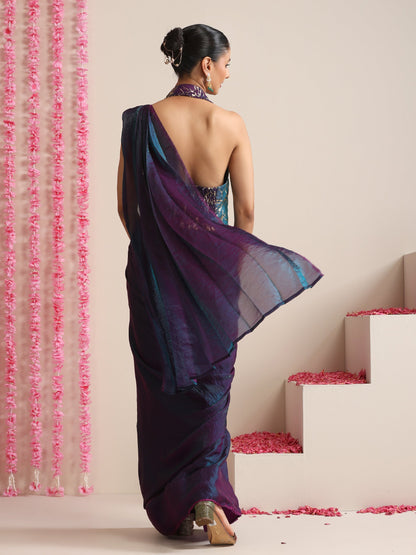Dhiyona ST Blue-Purple Dual Shade Metallic Satin Saree with Gold & Ombre Blouse Fabric