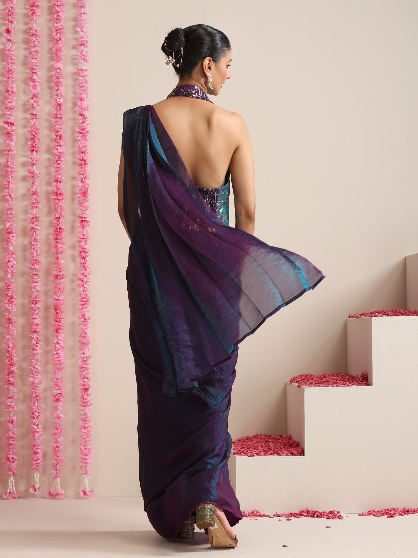 Dhiyona ST Pre-Draped Dual Shade Blue-Purple Metallic Satin Saree with Gold Ombre Blouse Fabric (2-Piece Set)