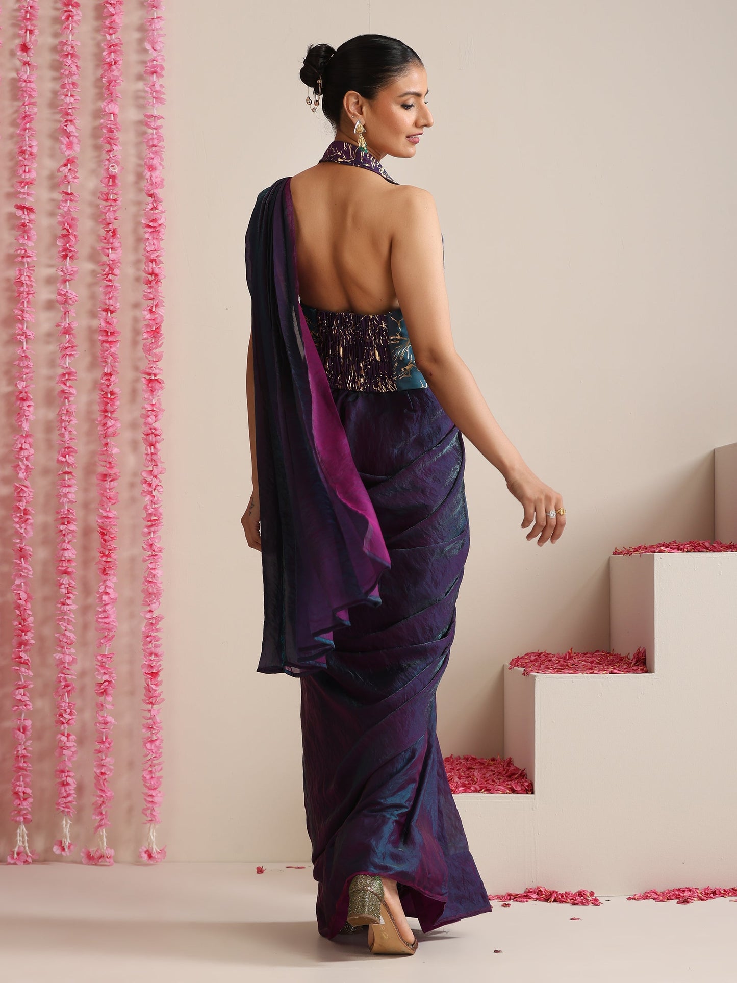 Dhiyona ST Blue-Purple Dual Shade Metallic Satin Saree with Gold & Ombre Blouse Fabric