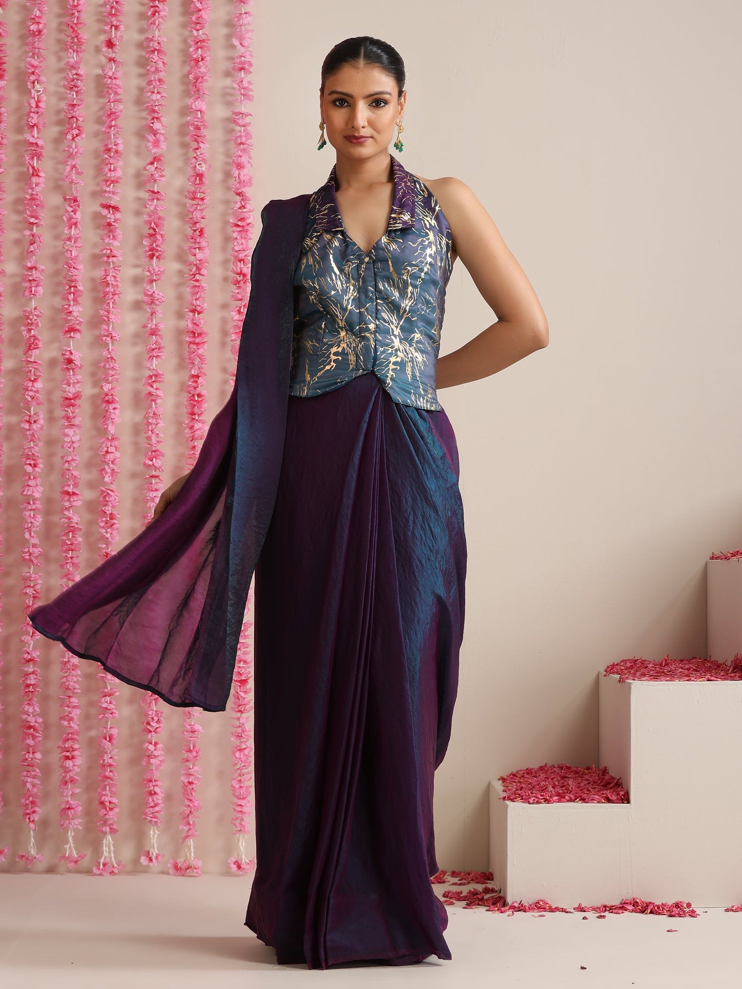Dhiyona ST Pre-Draped Dual Shade Blue-Purple Metallic Satin Saree with Gold Ombre Blouse Fabric (2-Piece Set)