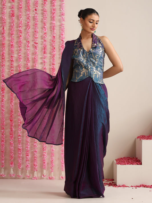 Dhiyona ST Pre-Draped Dual Shade Blue-Purple Metallic Satin Saree with Gold Ombre Blouse Fabric (2-Piece Set)