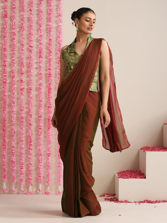 Dhiyona ST Red-Green Dual Shade Metallic Satin Saree with Gold & Ombre Blouse Fabric