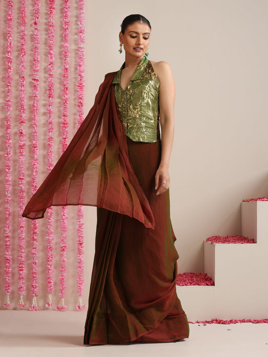 Dhiyona ST Pre-Draped Dual Shade Red-Green Metallic Satin Saree with Gold Ombre Blouse Fabric (2-Piece Set)