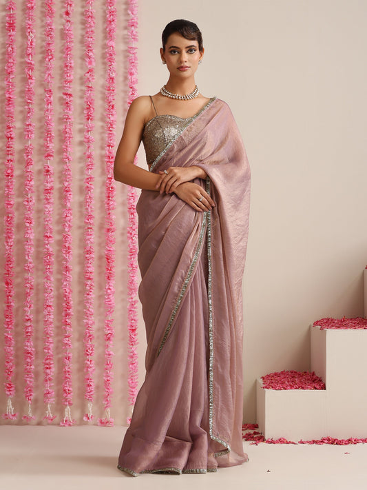 Dhiyona ST Lilac Dual Shade Metallic Chiffon Saree with Lace Edge