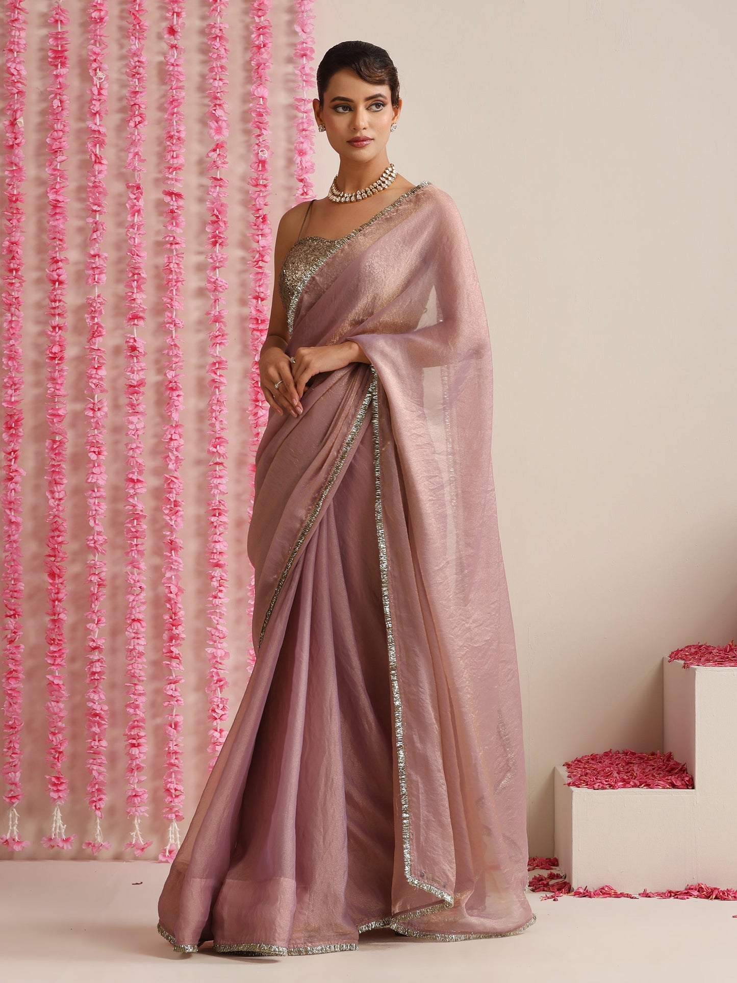 Dhiyona ST Lilac Dual Shade Metallic Chiffon Saree with Lace Edge