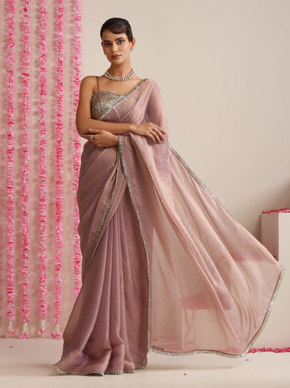 Dhiyona ST Lilac Dual Shade Metallic Chiffon Saree with Lace Edge
