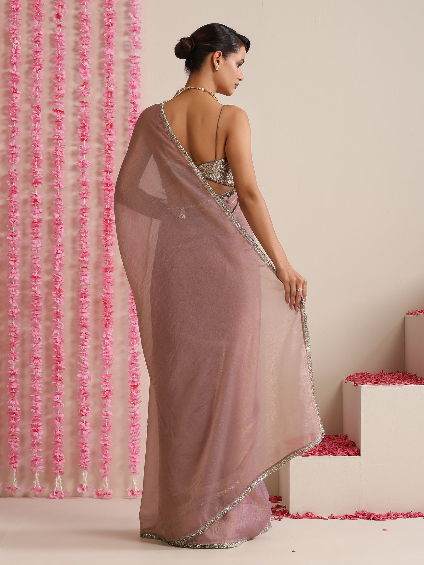 Dhiyona ST Lilac Dual Shade Metallic Chiffon Saree with Lace Edge