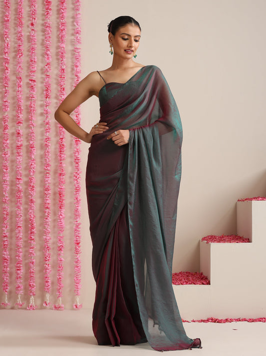 Dhiyona ST Blue Maroon Dual Shade Chiffon Saree with Pendants