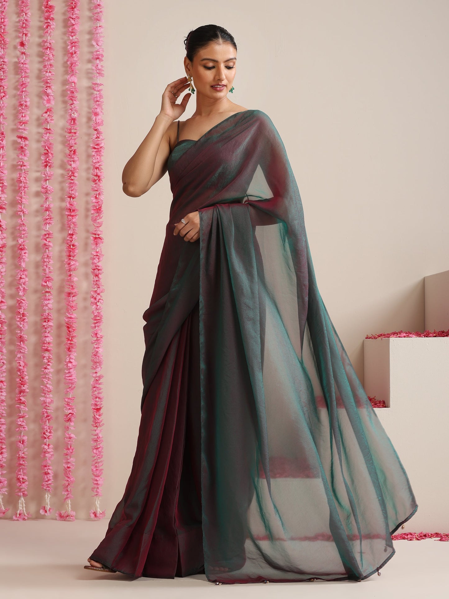 Dhiyona ST Blue Maroon Dual Shade Chiffon Saree with Pendants