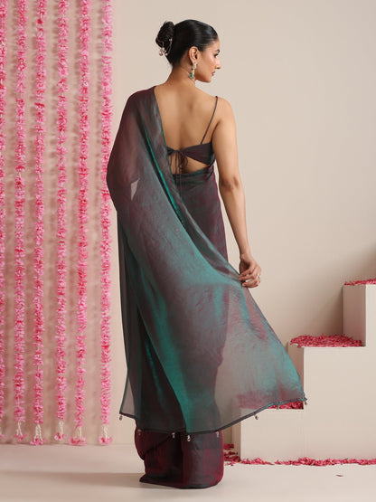 Dhiyona ST Blue Maroon Dual Shade Chiffon Saree with Pendants