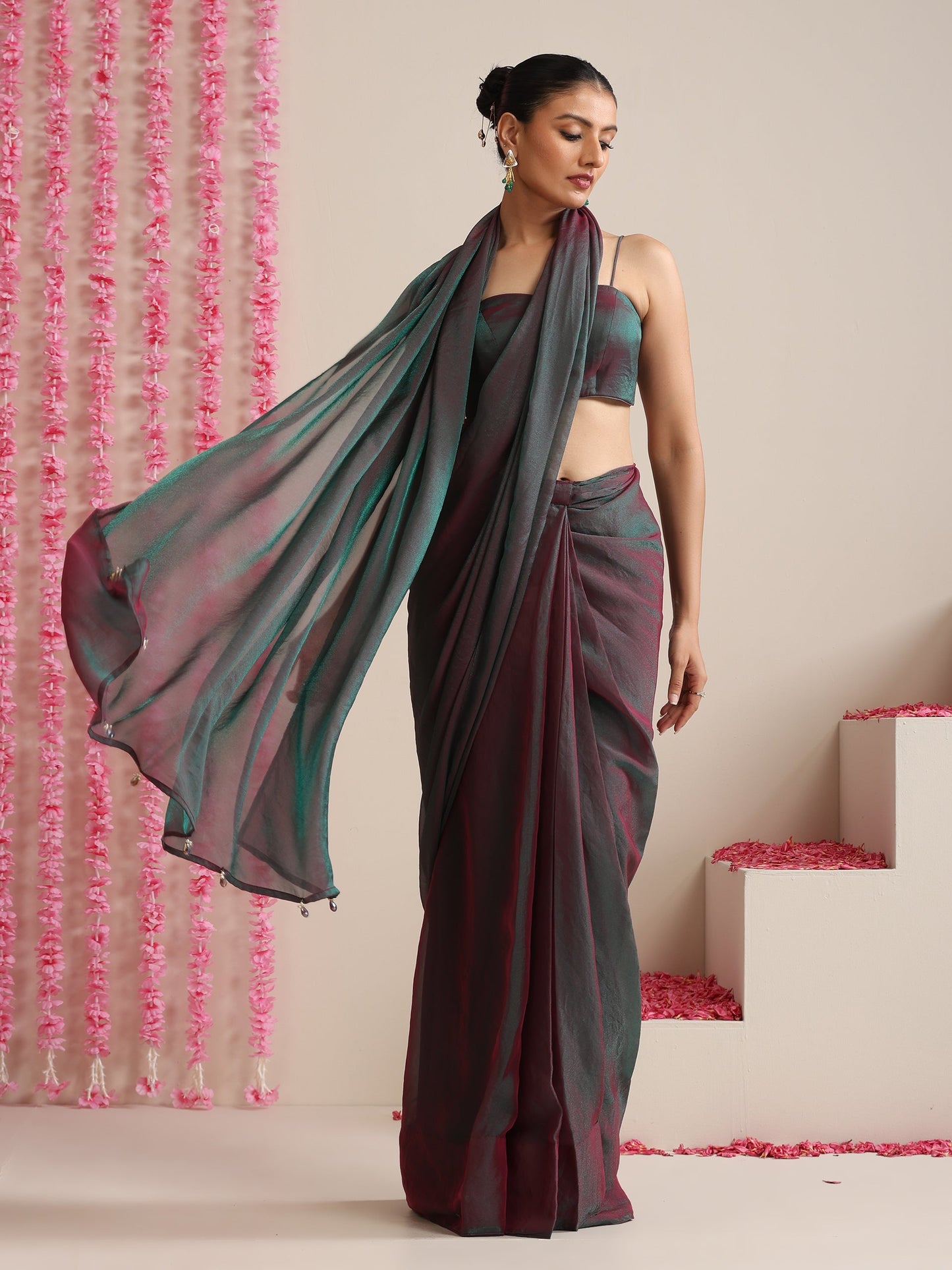 Dhiyona ST Blue Maroon Dual Shade Chiffon Saree with Pendants