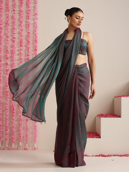 Dhiyona ST Blue Maroon Dual Shade Chiffon Saree with Pendants