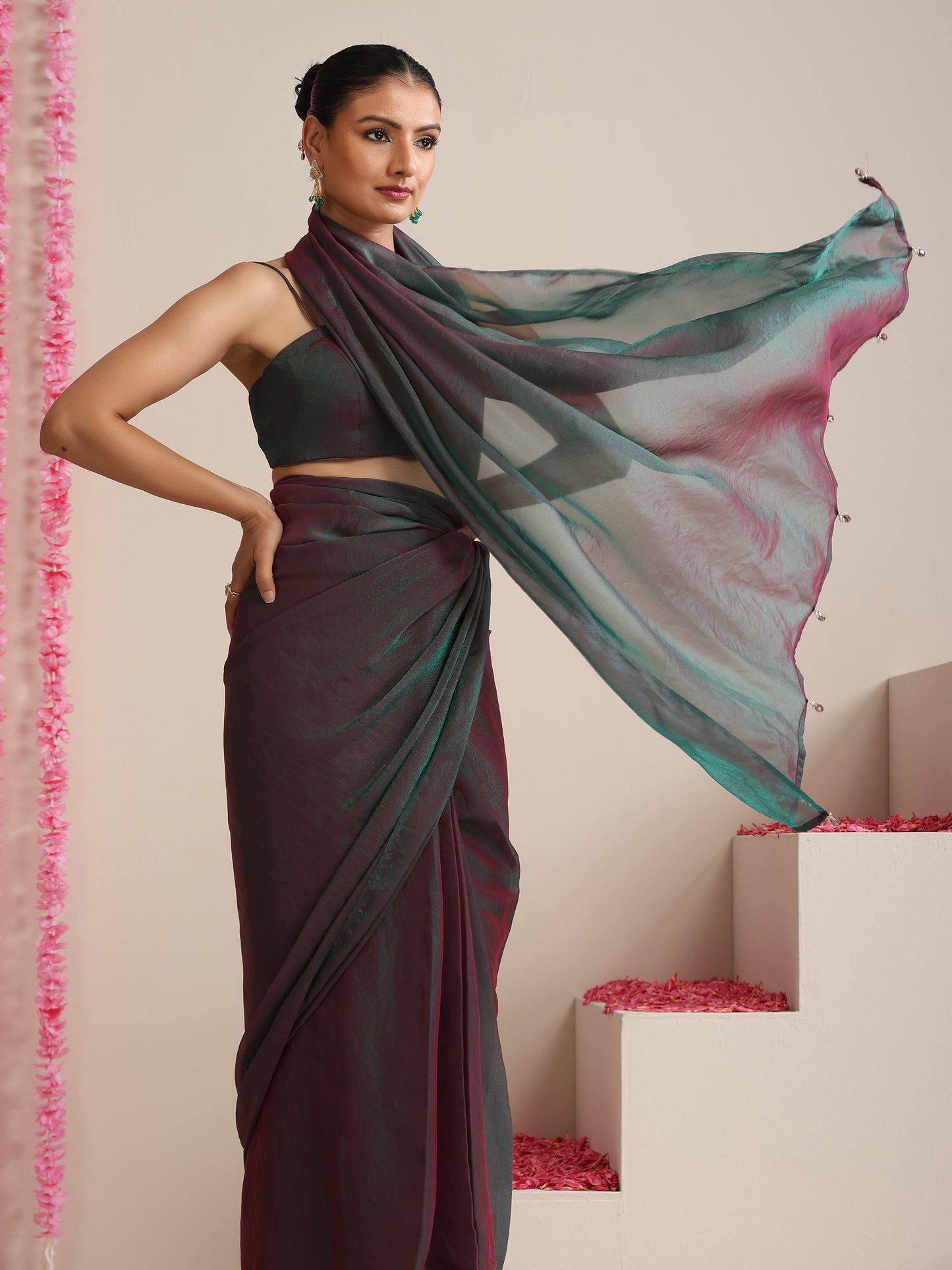 Dhiyona ST Blue Maroon Dual Shade Chiffon Saree with Pendants