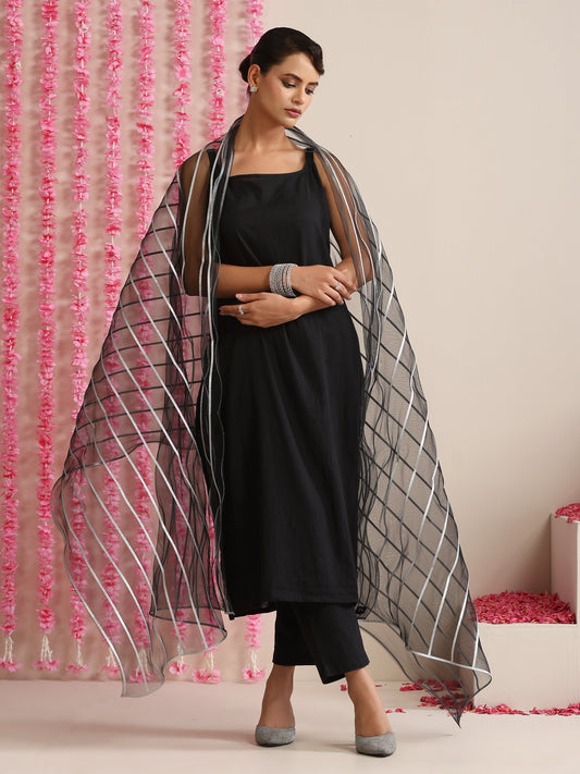 Dhiyona ST Women’s Black Strappy Kurta Set with Silver Net Dupatta | 3 Pc Festive Ethnic Co-ord