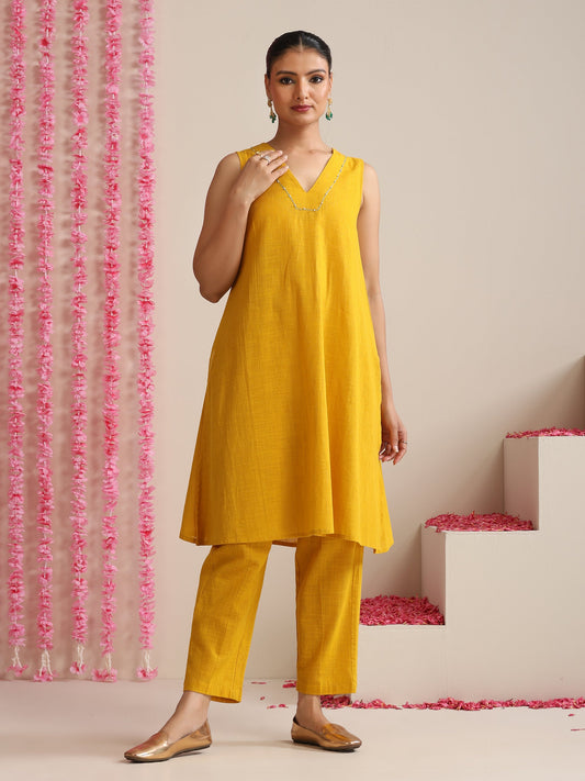 Dhiyona ST Yellow Cotton Slub Sleeveless Kurta Set for Women | 2 Pc Co-ord with Hand Embroidery