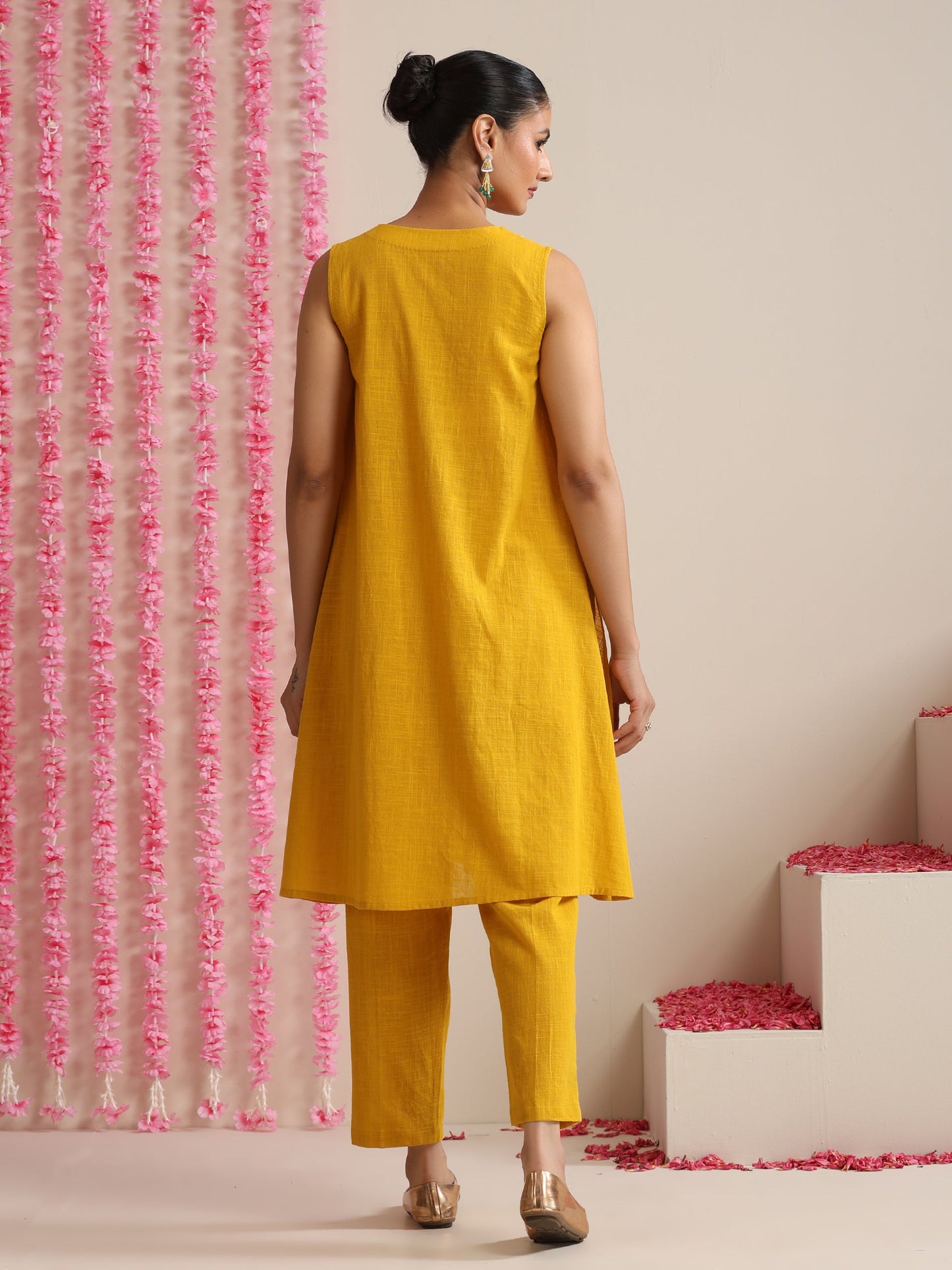 Dhiyona ST Women’s Yellow Cotton Slub Sleeveless Kurta with Embroidery, Pyjama & Metallic Blue Dupatta | 3 Pc Summer Festive Set