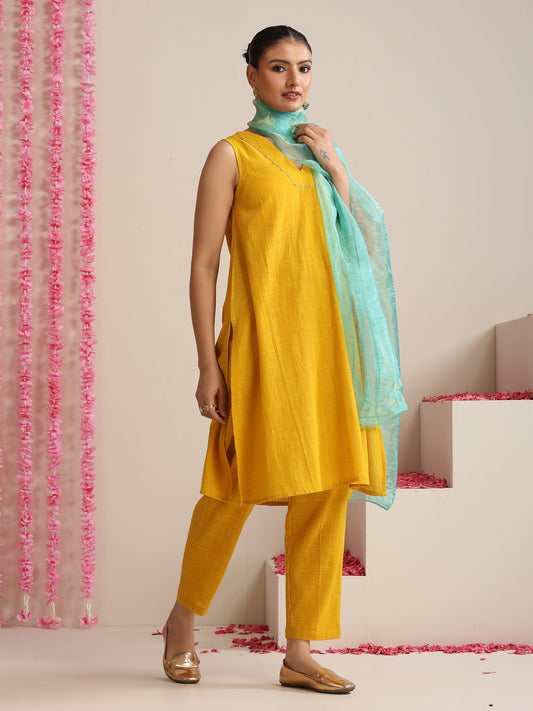 Dhiyona ST Women’s Yellow Cotton Slub Sleeveless Kurta with Embroidery, Pyjama & Metallic Blue Dupatta | 3 Pc Summer Festive Set
