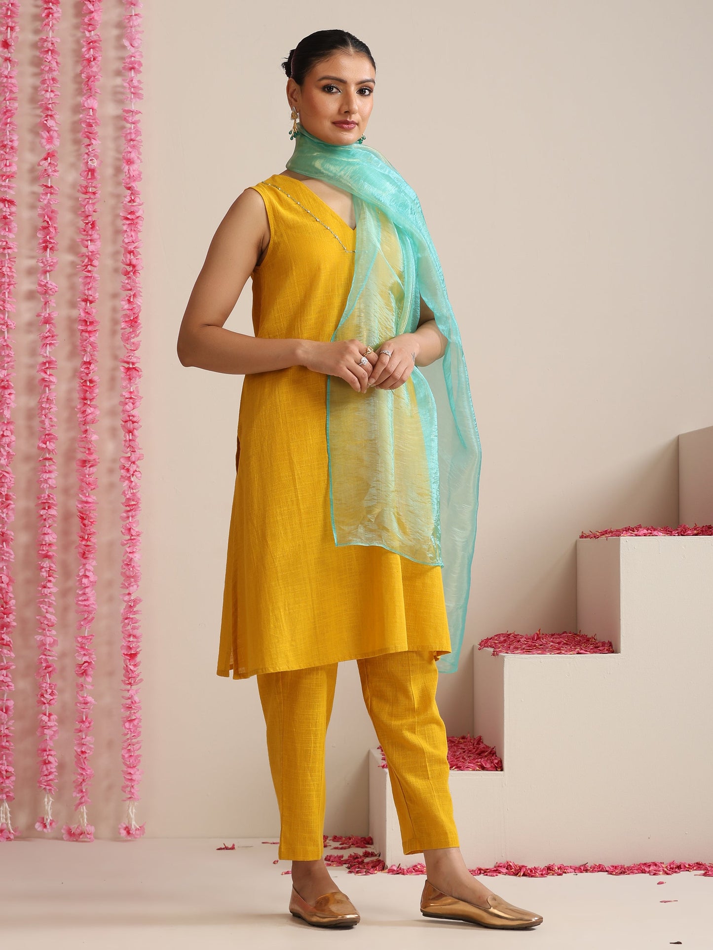 Dhiyona ST Women’s Yellow Cotton Slub Sleeveless Kurta with Embroidery, Pyjama & Metallic Blue Dupatta | 3 Pc Summer Festive Set