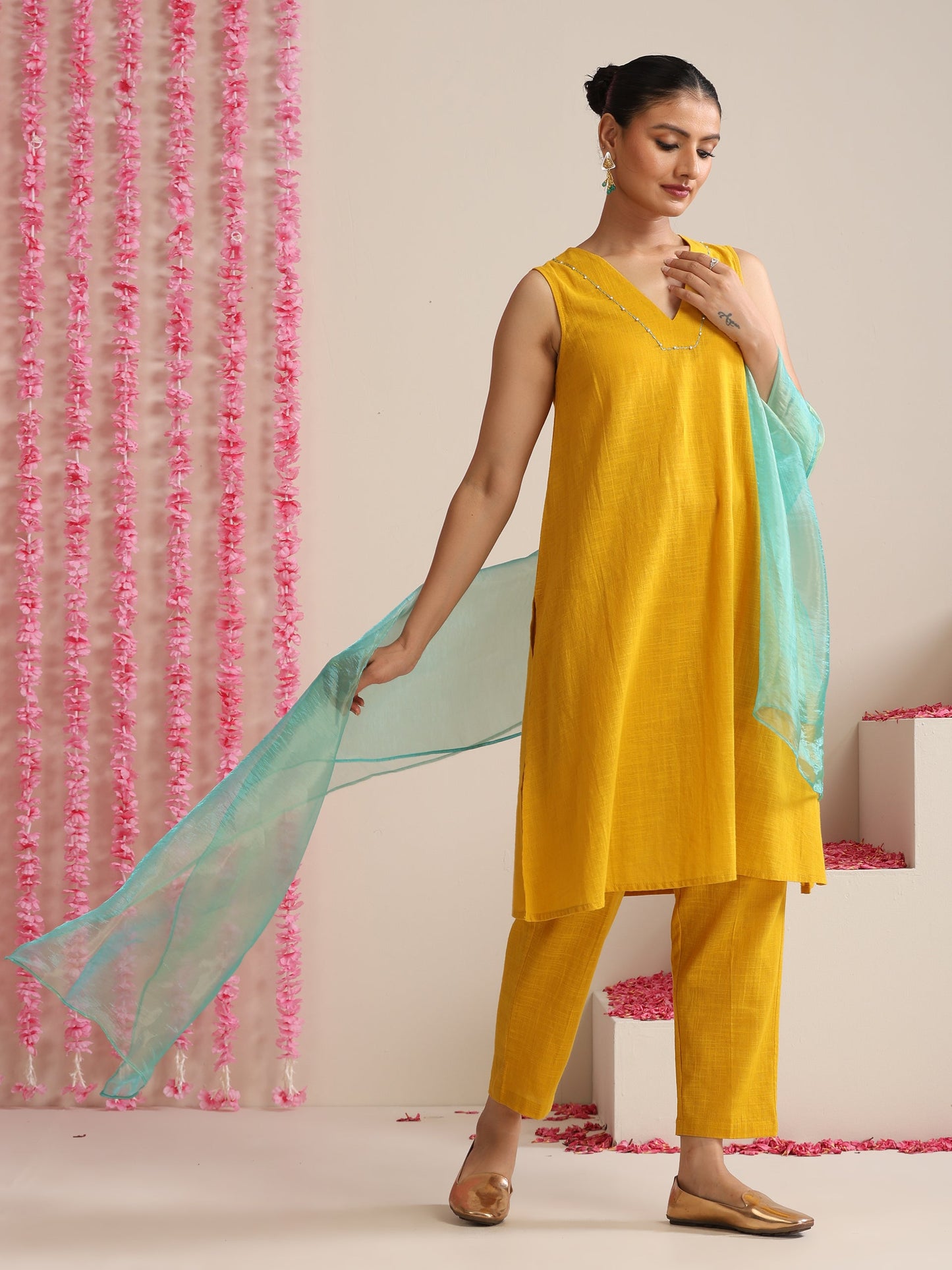 Dhiyona ST Women’s Yellow Cotton Slub Sleeveless Kurta with Embroidery, Pyjama & Metallic Blue Dupatta | 3 Pc Summer Festive Set