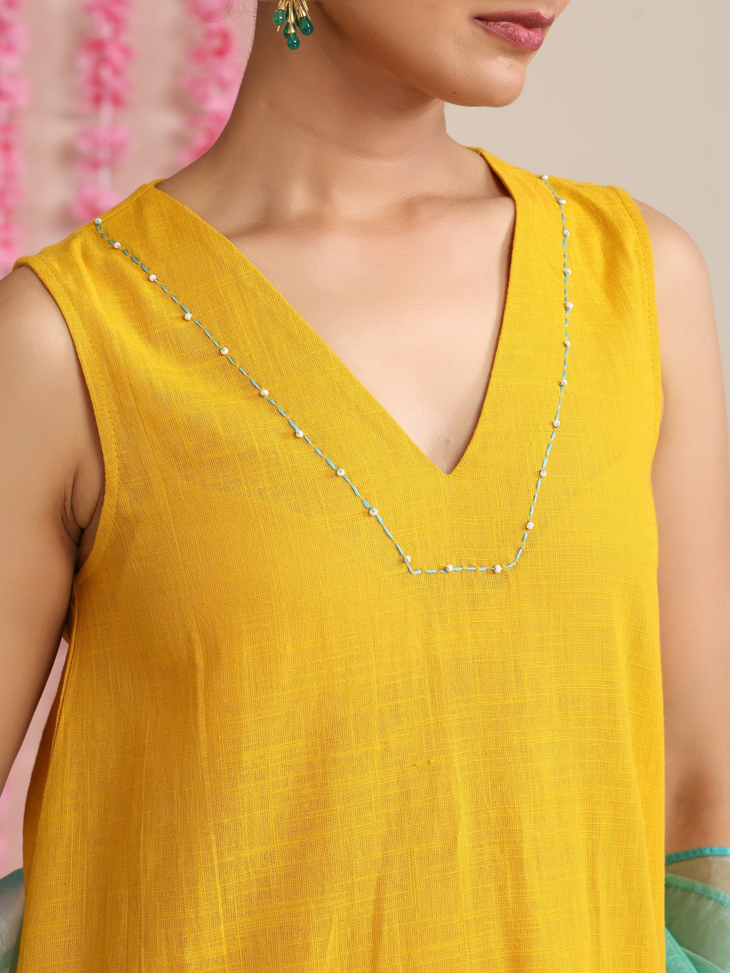 Dhiyona ST Women’s Yellow Cotton Slub Sleeveless Kurta with Embroidery, Pyjama & Metallic Blue Dupatta | 3 Pc Summer Festive Set