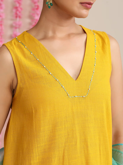 Dhiyona ST Women’s Yellow Cotton Slub Sleeveless Kurta with Embroidery, Pyjama & Metallic Blue Dupatta | 3 Pc Summer Festive Set
