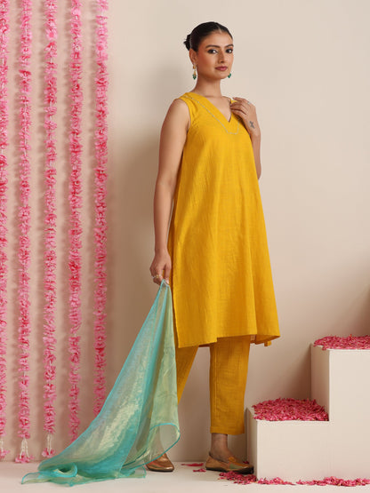 Dhiyona ST Women’s Yellow Cotton Slub Sleeveless Kurta with Embroidery, Pyjama & Metallic Blue Dupatta | 3 Pc Summer Festive Set