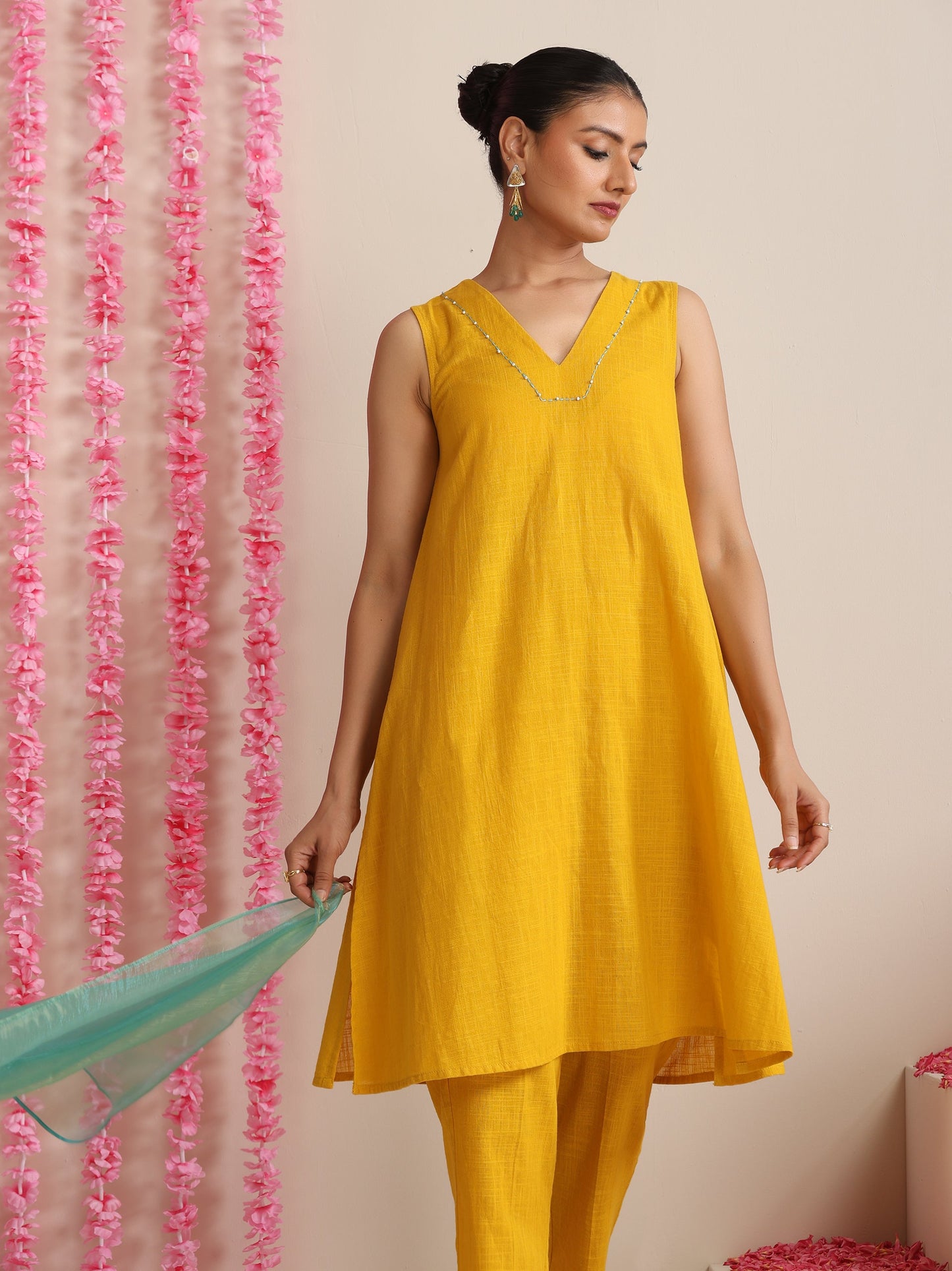 Dhiyona ST Women’s Yellow Cotton Slub Sleeveless Kurta with Embroidery, Pyjama & Metallic Blue Dupatta | 3 Pc Summer Festive Set