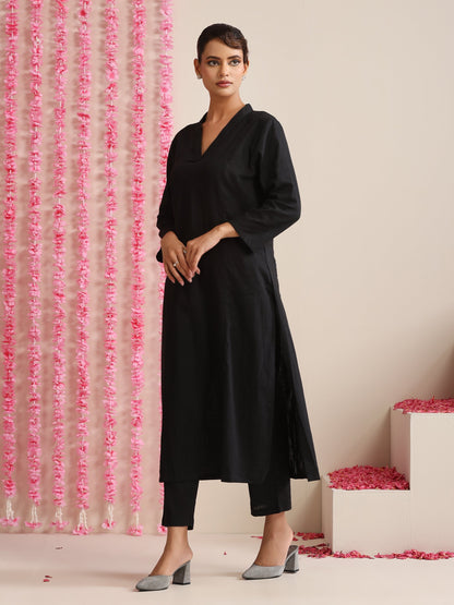 Dhiyona ST Black Cotton Slub Kurta Set for Women | 2 Pc Minimalist Ethnic Co-ord with V-Neckline