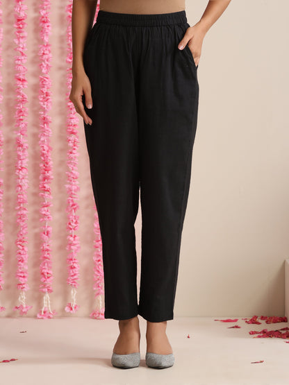 Dhiyona ST Black Cotton Slub Kurta Set for Women | 2 Pc Minimalist Ethnic Co-ord with V-Neckline